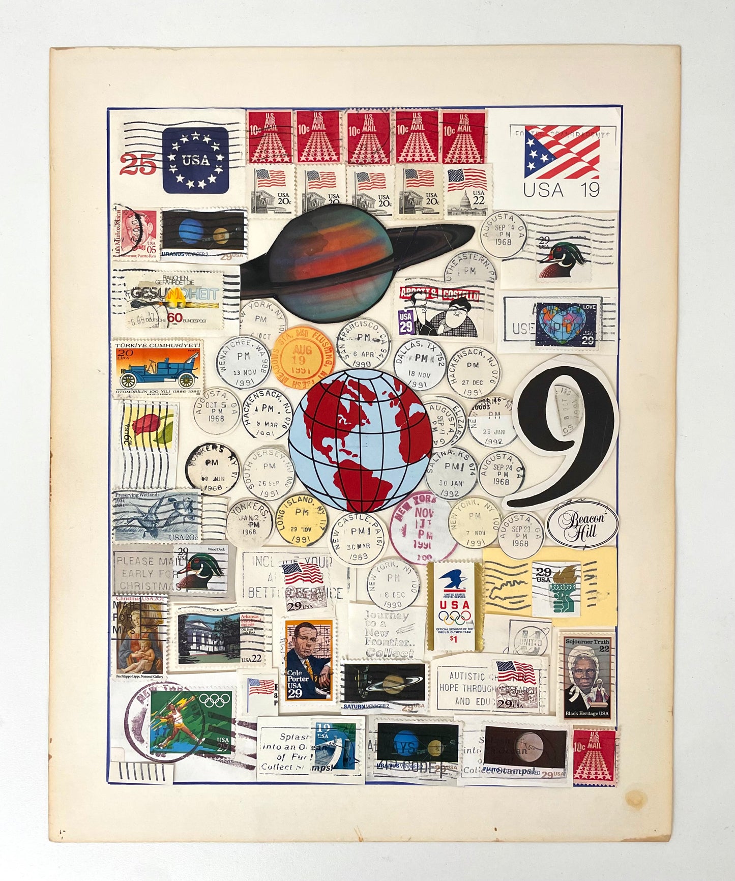 Collage of vintage stamps and postal items with a globe and Saturn illustration.