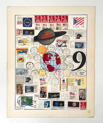 Collage of vintage stamps and postal items with a globe and Saturn illustration.